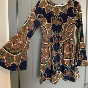 Paisley bell sleeve boho dress